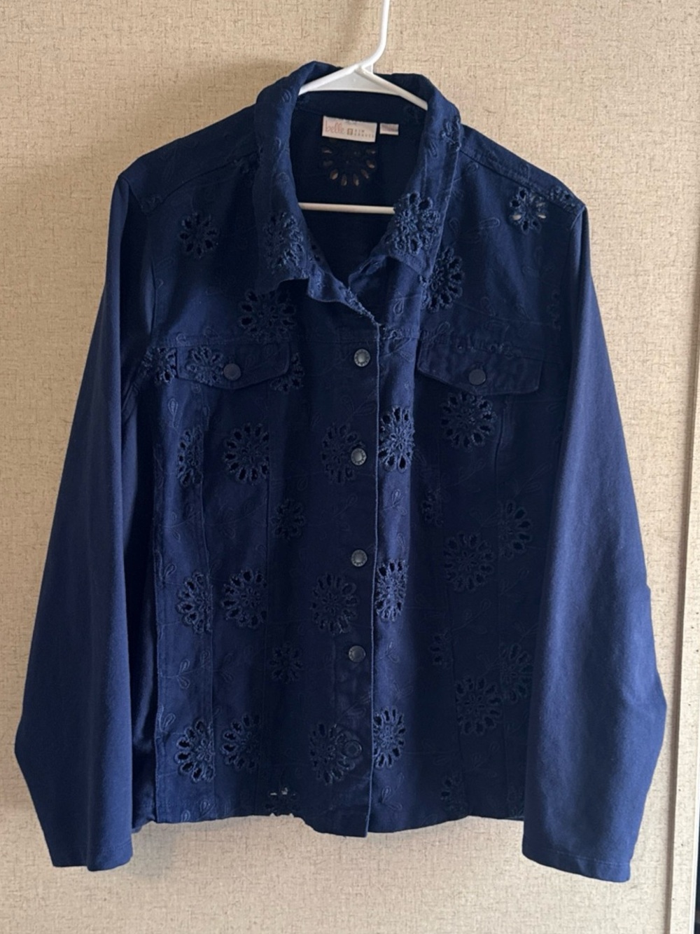 Belle by Kim Gravel Eyelet Jacket with Knit Back and Sleeves Twilight Navy 4X